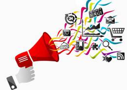 بلندگو قرمز در دست و اشکال بیرون آمده از آن