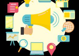 بلندگو در دست با آیکن های اطراف آن