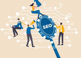 ذره بین به شکل سئو و افرادی در کنار آن