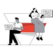 زن و مرد در حال کار با تلفن همراه و لب تاپ